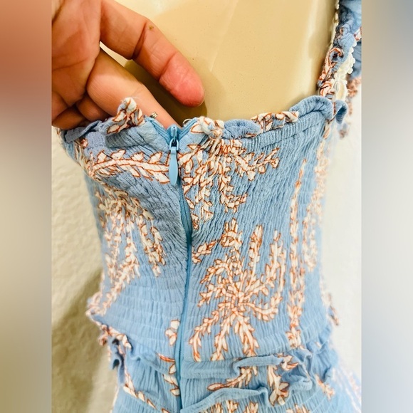 SAINTS & SECRETS
Soleil Ruffle Strap Shirred Dress Leaf Print Blue size med - Picture 11 of 15